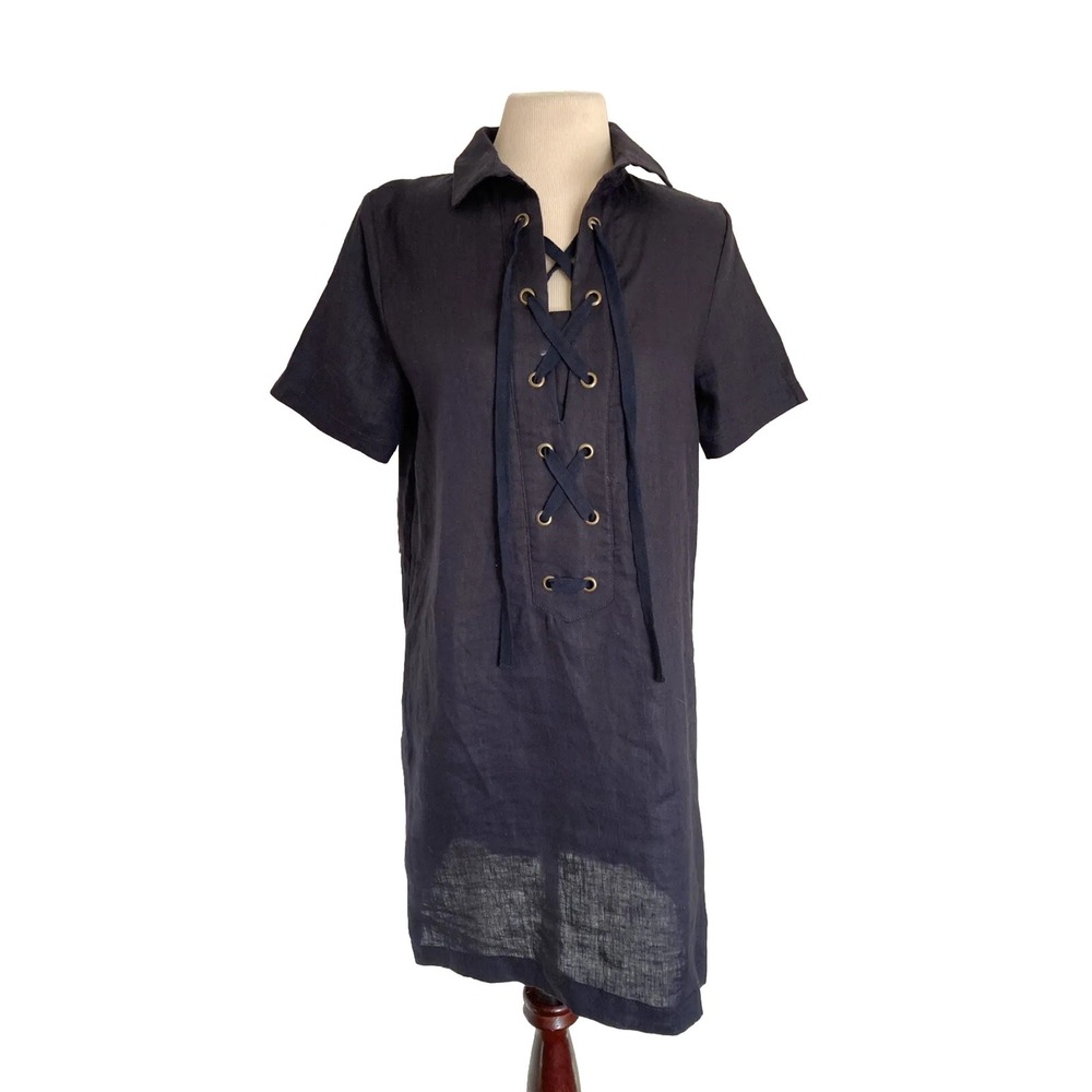 Laju Dress Navy size Small‎ Navy Blue Pockets Short Sleeve tie up front pockets
